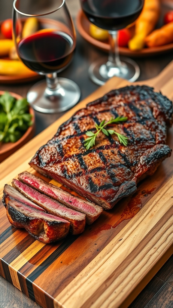 Perfectly Grilled Ribeye Steak Recipe Perfectly grilled ribeye steak on a cutting board with fresh herbs, garnished and served with roasted vegetables and red wine.